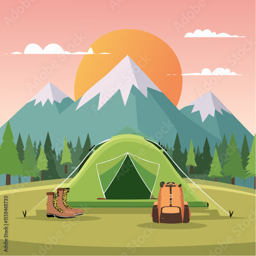 Adventure landscape with tent, hiking boots, backpack, and mountain silhouette at sunrise