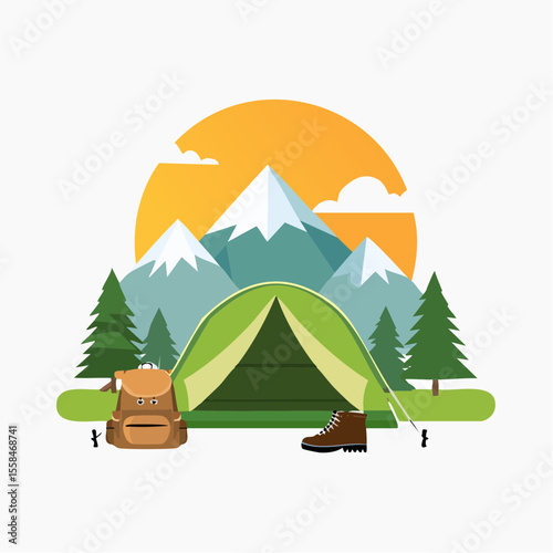 Adventure landscape with tent, hiking boots, backpack, and mountain silhouette at sunrise