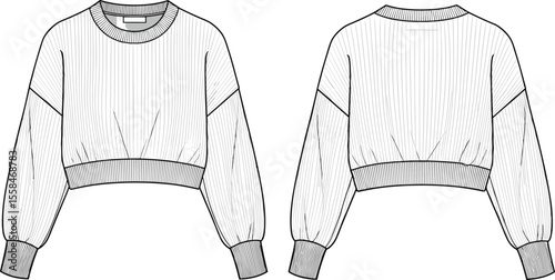 Cad drawing flat vector illustration of cropped sweatshirt with balloon sleeves, front and back view, fashion technical sketch, casual wear
