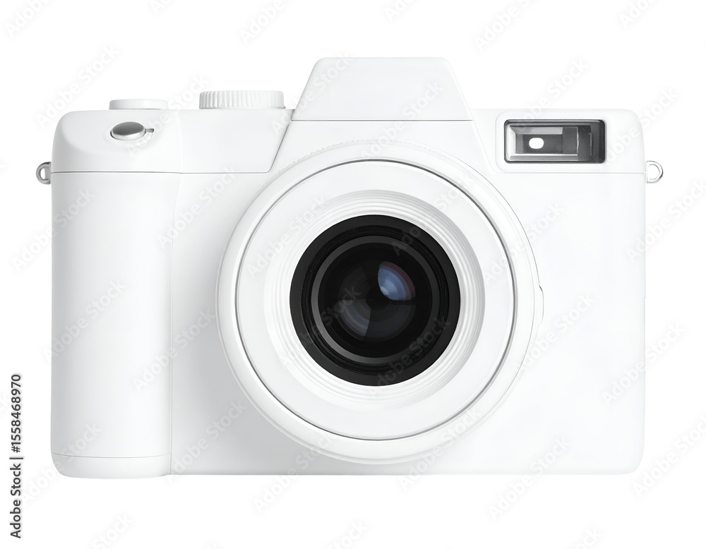 A sleek modern white digital camera stands ready to capture moments with its advanced lens. A sleek modern white digital camera stands ready to capture moments with its advanced lens.