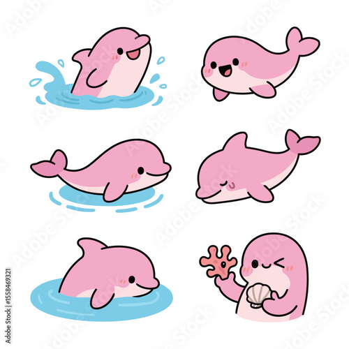 Cute dolphins in a whimsical illustration style, showcasing their playful and joyful nature. The dolphins have a delightful pink color, and their animated expressions will bring joy to any viewer. 