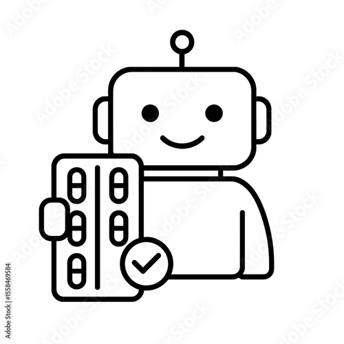 Line icon of AI assistant robot monitoring medication intake with pill blister pack and checkmark