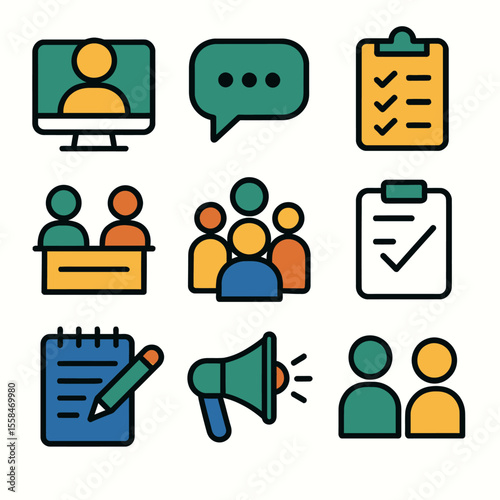 Colorful Icon Set Depicting Communication Teamwork and Task Management.