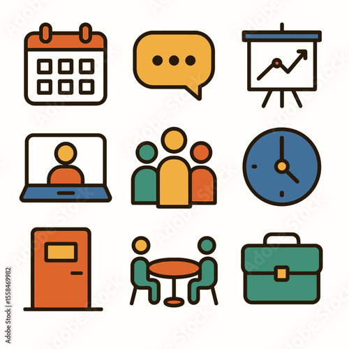 Colorful Business Meeting Icons Set with Calendar Chat and Clock.