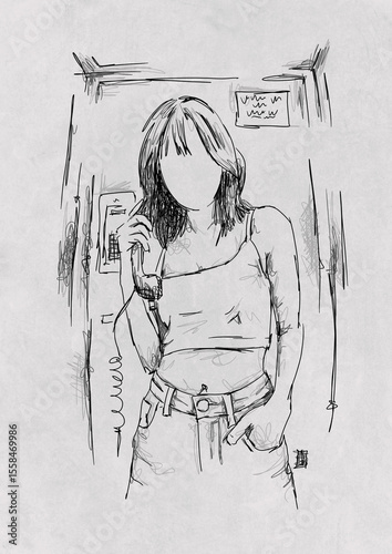 Girl with Phone Sketch Art