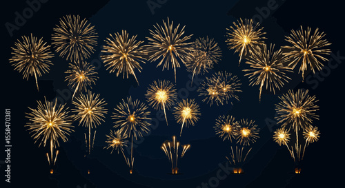Golden fireworks display against a dark sky backdrop, celebration and festive atmosphere