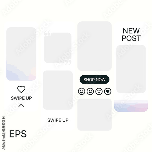 A set of modern social media story UI templates for Instagram and TikTok, including layouts with like buttons, swipe up arrows, quote boxes, photo placeholders, call-to-action texts like ‘Shop Now’ 