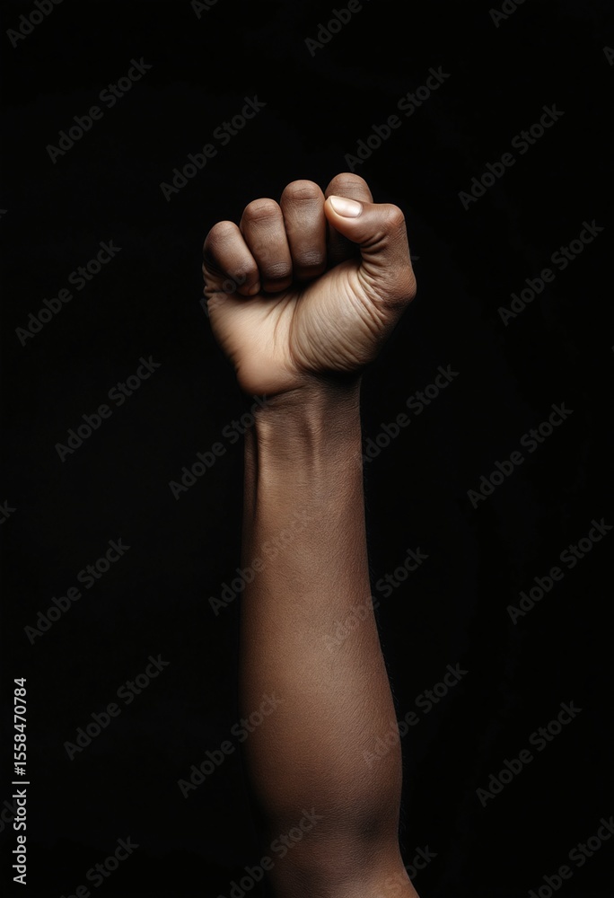 A dark-skinned hand is clenched into a fist and raised upwards against a plain black background, symbolizing strength and protest A dark-skinned hand is clenched into a fist and raised upwards against a plain black background, symbolizing strength and protest