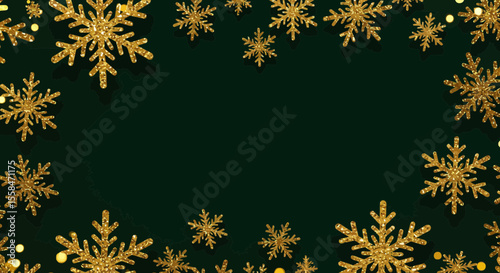 Elegant festive background featuring golden snowflakes on a deep green surface