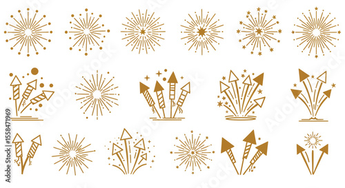 Set of decorative fireworks and firecrackers in vintage style for design elements