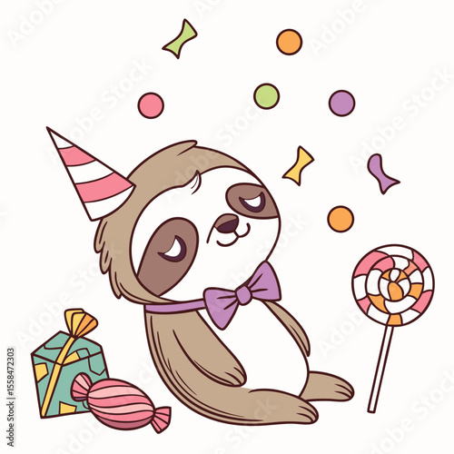 Cute SVG of a Sleepy Baby Sloth in Candy Shop colors, featuring wearing a bowtie in a Birthday setting