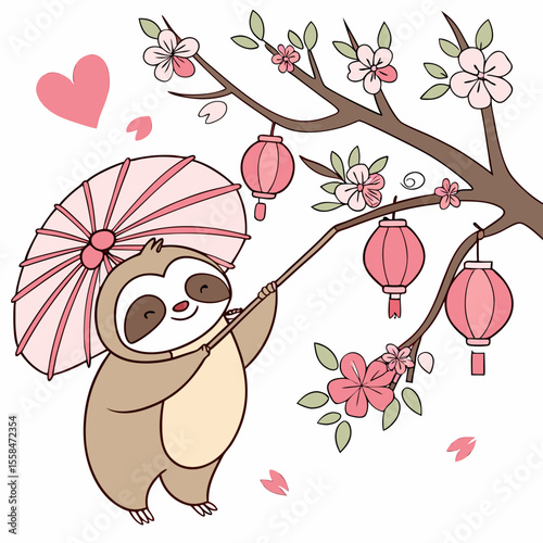 Charming SVG of a Cheerful Baby Sloth featuring holding a heart, styled in a Cherry Blossom Festival theme with Sakura Breeze hues