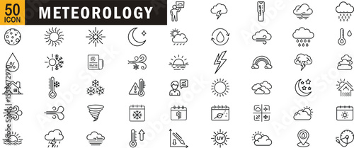 Meteorology editable outline icon set. Weather, temperature, cloud, forecast, climate and more.
