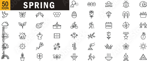Spring editable outline icon set. Flowers, nature, easter, weather, gardening and more.
