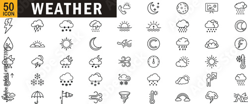 Weather editable outline icon set. Storm, rain, sun, forecast, cloud, wind, snow, and climate symbols.
