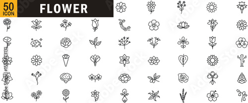 Flower editable outline icon set. Botanical line icons of roses, tulips, lotus, blossoms, petals, and floral decorations.
