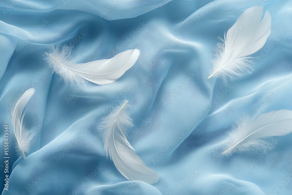 Fototapeta premium Serene white feathers on flowing light blue silk fabric; ethereal, delicate mood.