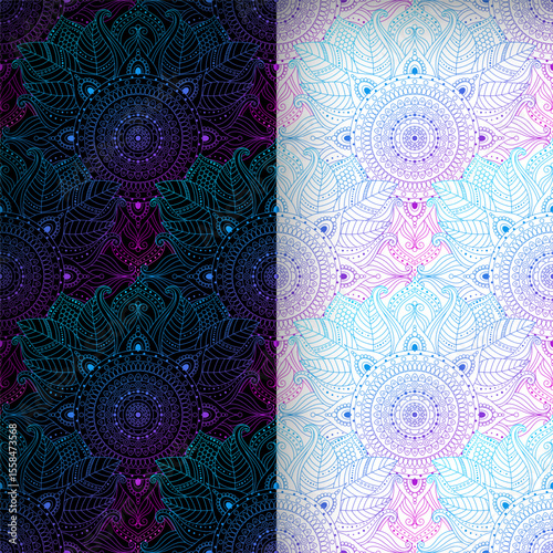 Ethnic seamless patterns in dark and light palette with floral and abstract designs, psychedelic background, pink blue gradient. Oriental, indian, asian motifs.