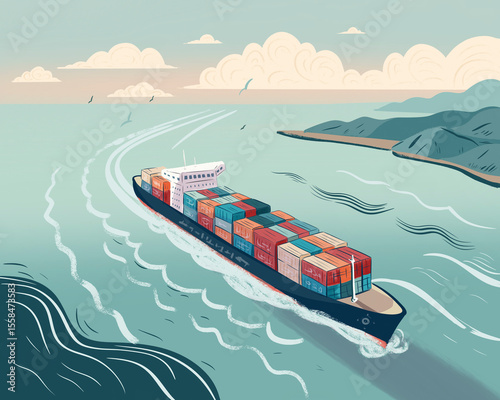 Illustration of a container ship transporting cargo across the sea