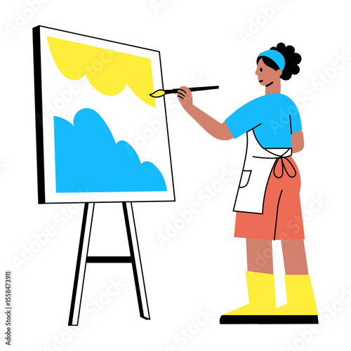 A flat style illustration showing a person doing canvas painting 
