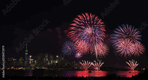 Spectacular Fourth of July fireworks display over the illuminated New York City skyline
