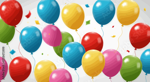 Colorful party balloons background with festive confetti for birthday celebration