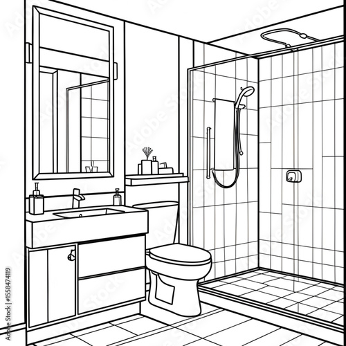 Minimalist modern bathroom interior line art illustration with shower toilet sink and mirror design