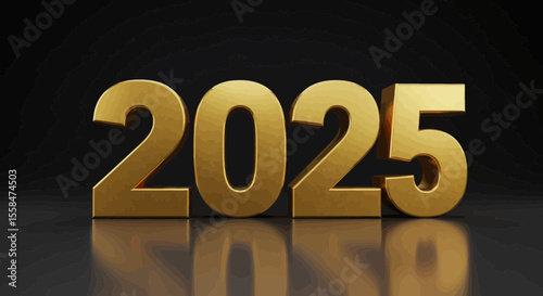 Golden 2025 numbers on a reflective surface against a black background
