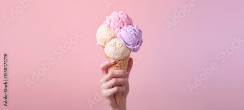 The delicious ice cream cone held aloft against a pastel pink background.