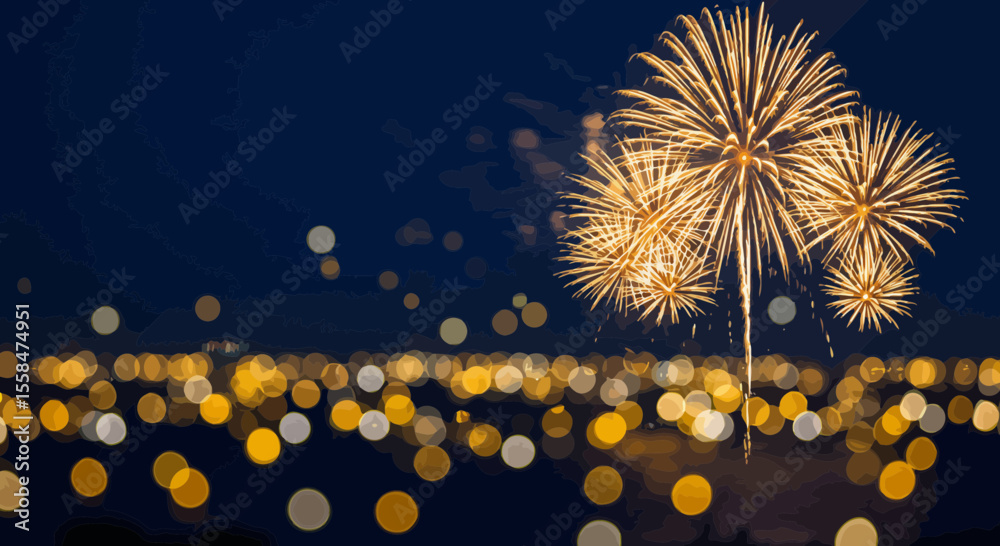 Festive fireworks display illuminates the night sky with glowing city bokeh