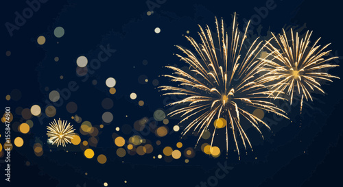 Festive Celebration: Golden Fireworks Lighting Up the Night Sky with Bokeh