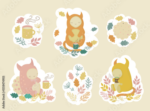 Set of stickers featuring friendly monsters, cups of tea, hot chocolate, and cookies. The monsters are enjoying a tea party in the woods, a cozy picnic.