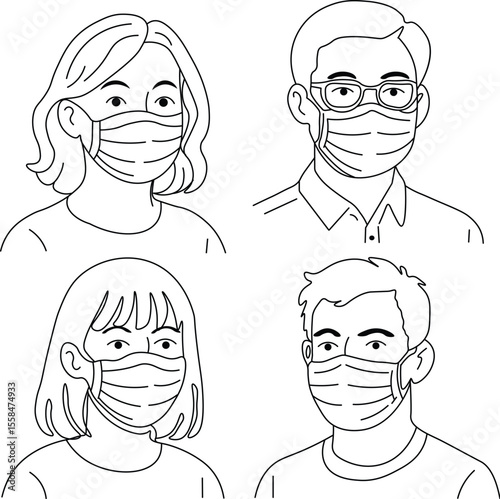 A set of line art illustrations showing diverse people wearing face masks. The minimal black-and-white design is perfect for health-related content, public safety materials, or educational visuals on 