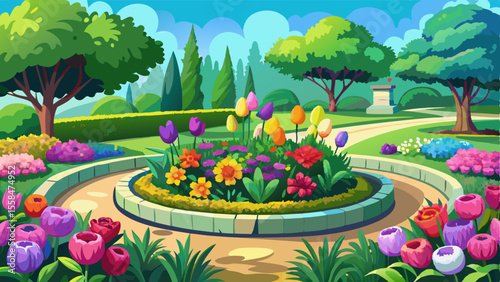 Beautifully maintained flower bed surrounded by lush green grass in a landscaped garden. Vibrant colorful flowers bloom in harmony, creating a picturesque and serene lawn design ideal for outdoor