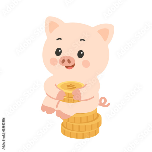 Cartoon Piggy Bank Sitting on Stack of Coins