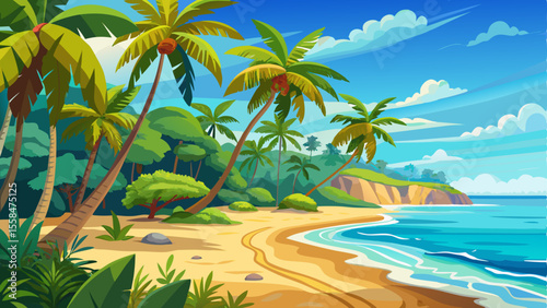 Scenic tropical paradise at Marino Ballena in Uvita, Costa Rica. Golden sandy beach lined with lush palm trees meets the turquoise ocean under a sunny blue sky—an idyllic and serene coastal escape