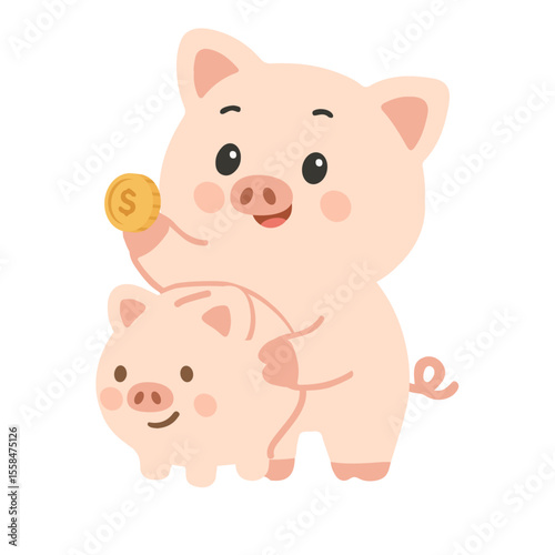 Hand-Drawn Piggy Bank with Coin Illustration