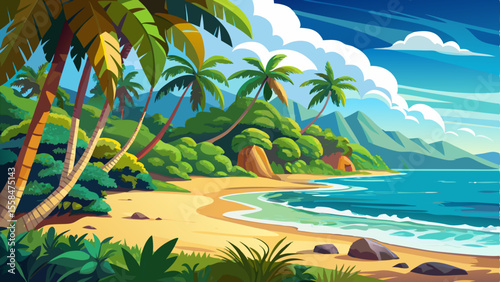 Scenic tropical paradise at Marino Ballena in Uvita, Costa Rica. Golden sandy beach lined with lush palm trees meets the turquoise ocean under a sunny blue sky—an idyllic and serene coastal escape