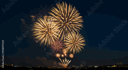 Spectacular fireworks display illuminates the night sky over a city skyline