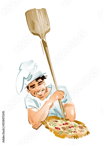 Pizza chef with pizza shovel presenting a pizza