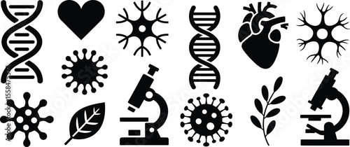 DNA silhouette, virus icon, bacteria outline, neuron shape, brain silhouette, heart organ vector, lungs icon, pathogen silhouette, cell structure vector, wellness pose icon, healthcare diagram, immune