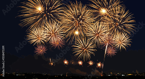 Spectacular fireworks illuminate the night sky with vibrant golden bursts