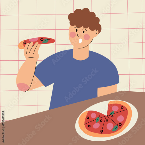 Young man eating a slice of pizza. Casual moment of enjoying fast food. Flat cartoon illustration representing comfort food, leisure, and tasty snacks.