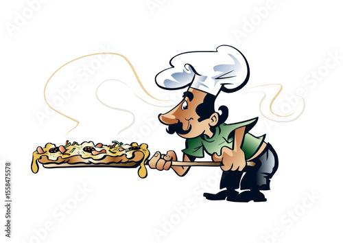 Italian pizza chef with a and chef's hat holding a pizza shovel with a steaming warm pizza on it