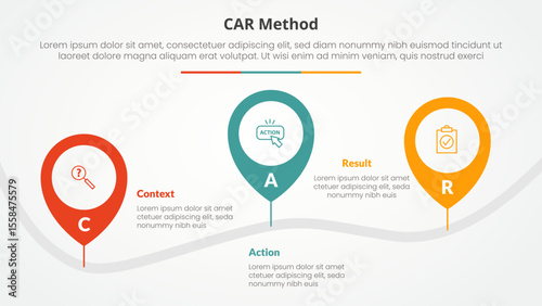 CAR interview model infographic concept for slide presentation with pin tagging location road up and down with 3 point list with flat style