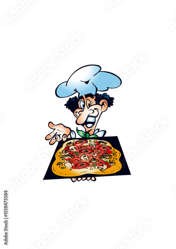 Iconic humorous pizza chef presents a pizza