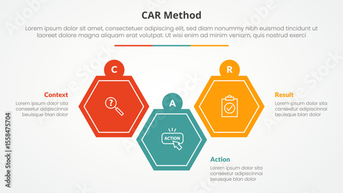 CAR interview model infographic concept for slide presentation with hexagon shape up and down with 3 point list with flat style