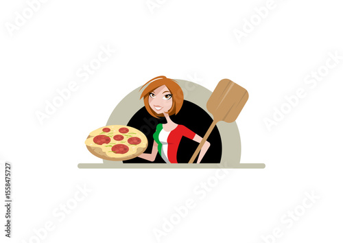 Young woman who is wearing a t-shirt in italian colors is presenting a delicious pizza pepperoni in front of a pizza stone oven