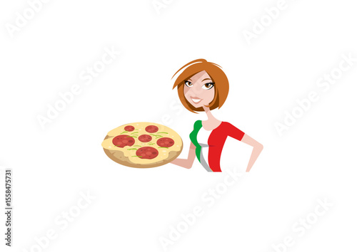 Young woman who is wearing a t-shirt in italian colors is presenting a delicious pizza pepperoni