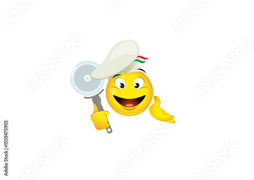Happy smiley figure as a pizza chef with a pizza cutter